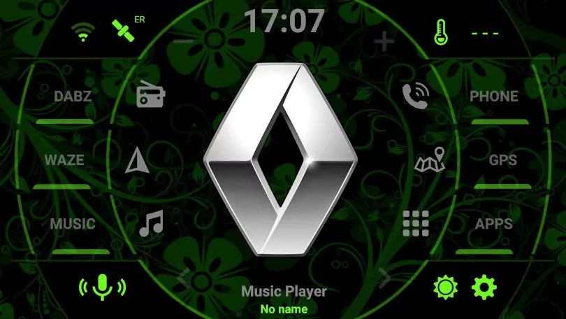 Renault logo on android head unit with green flowers