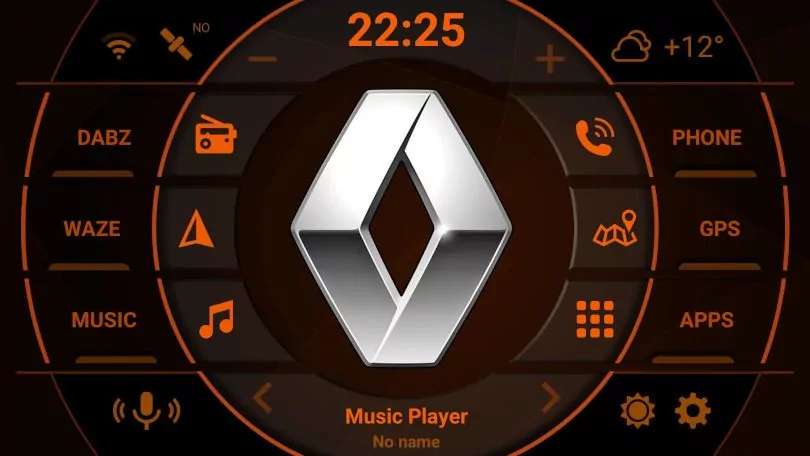 Renault logo on android headunit screen with burnt orange accents